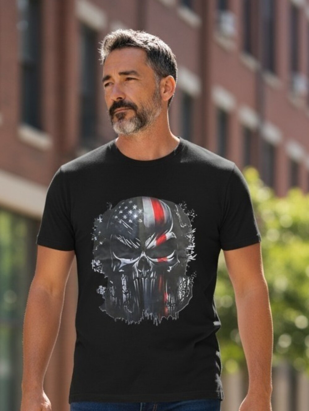 Men's Black Graphic Skull T-Shirt with American Flag Accent